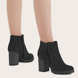 Myquees Black Chunky Heel Booties Round Toe Side Zip Ankle Boots