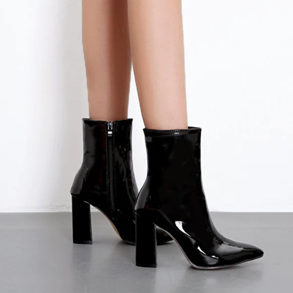 Myquees Patent Pointed Toe Chunky Zipper Heeled Boots
