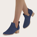 Myquees Ruffle Cutout Ankle Boots Slip on Chunky Stacked Heel Booties