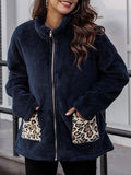 Myquees Leopard Pocket Zipper Fleece Coat