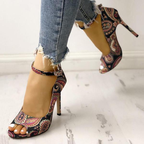 Myquees Ethnic Print Ankle Strap High Heels
