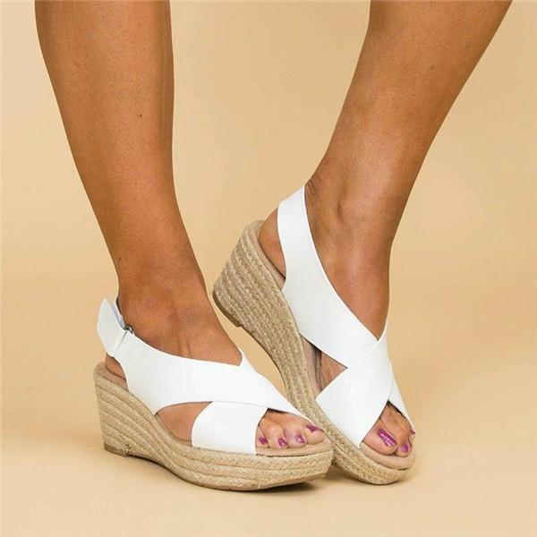Myquees Women Peep Toe Magic Tape Wedges Crossed Sandals
