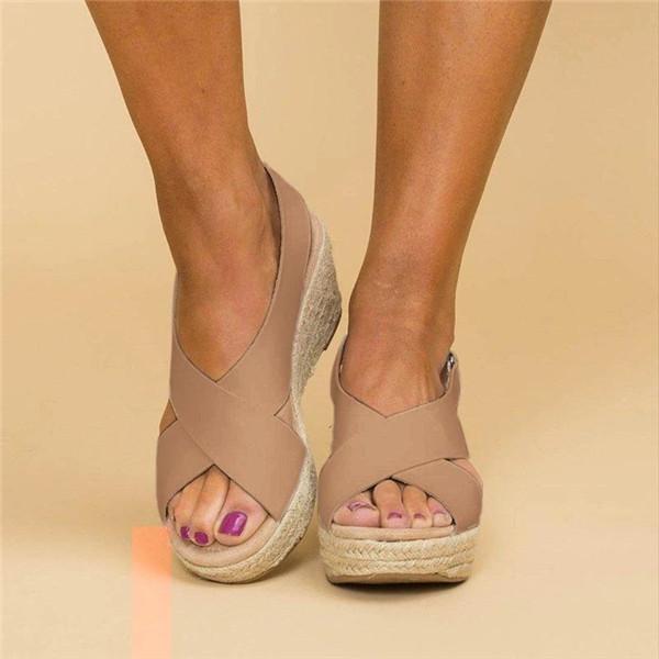 Myquees Women Peep Toe Magic Tape Wedges Crossed Sandals