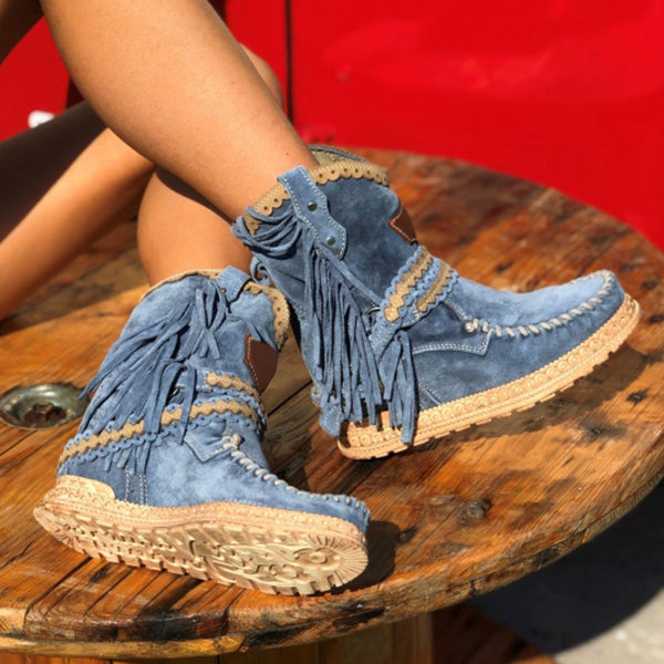 Myquees  Vintage Tassel Stone-Washed Boots