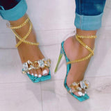 Myquees Noble Gold Chain Large Crystal High Heel Sandals