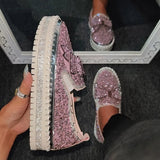 Myquees Rhinestone Flat Leather Platform Loafers