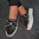 Myquees Rhinestone Flat Leather Platform Loafers