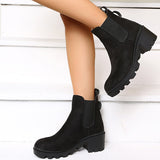Myquees Black Chelsea Lug Sole Ankle Boots Pull On Low Heel Booties