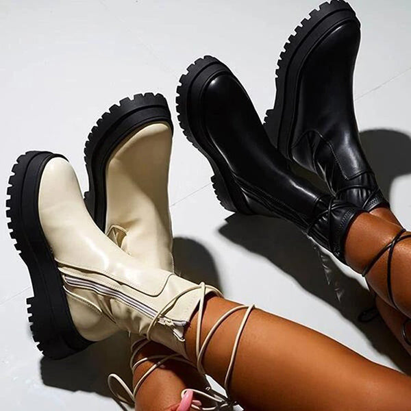 Myquees Chunky Platform Ankle Boots Wide Calf Lug Sole Booties