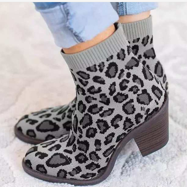 Myquees Knitted Chunky Block Heel Sock Booties Stretch Ankle Boots