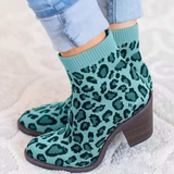 Myquees Knitted Chunky Block Heel Sock Booties Stretch Ankle Boots