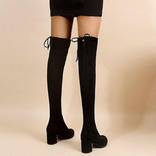 Myquees Black Stretchy Over The Knee Boots Chunky Block Heel Long Boots
