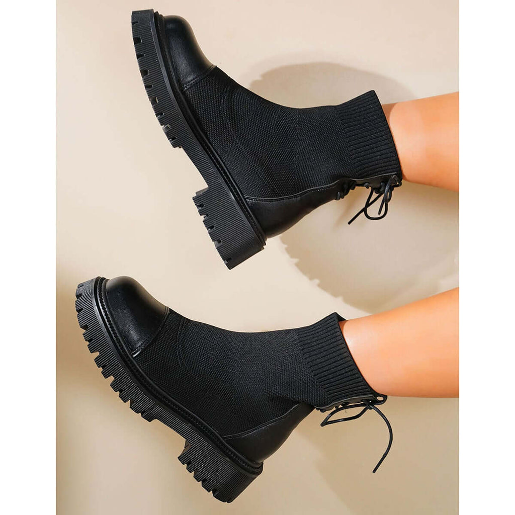 Myquees Chunky Heel Knit Sock Ankle Boots Platform Sole Booties