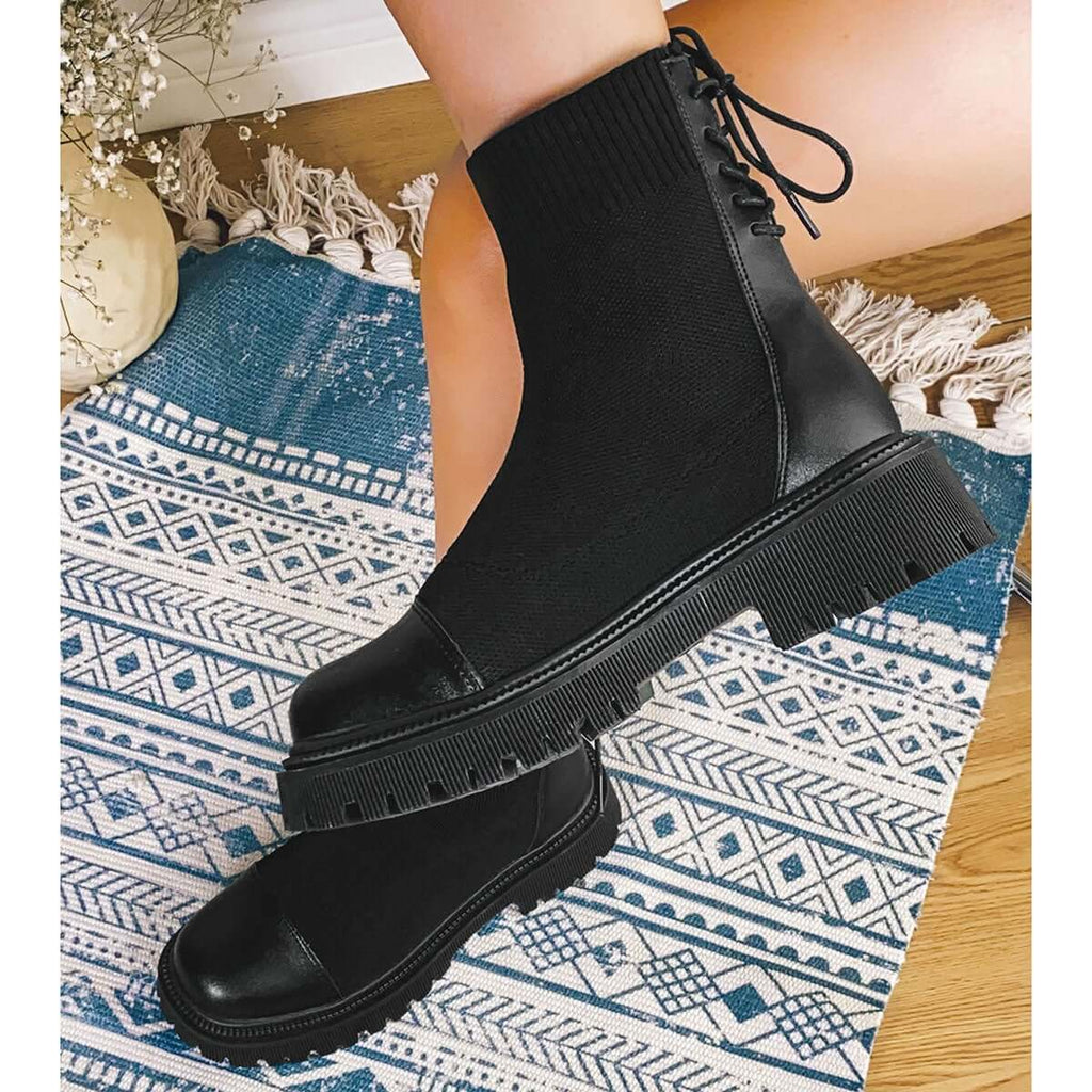 Myquees Chunky Heel Knit Sock Ankle Boots Platform Sole Booties