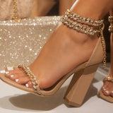 Myquees Gold-Tone Chain Embellished Ankle Strap Chunky Heels