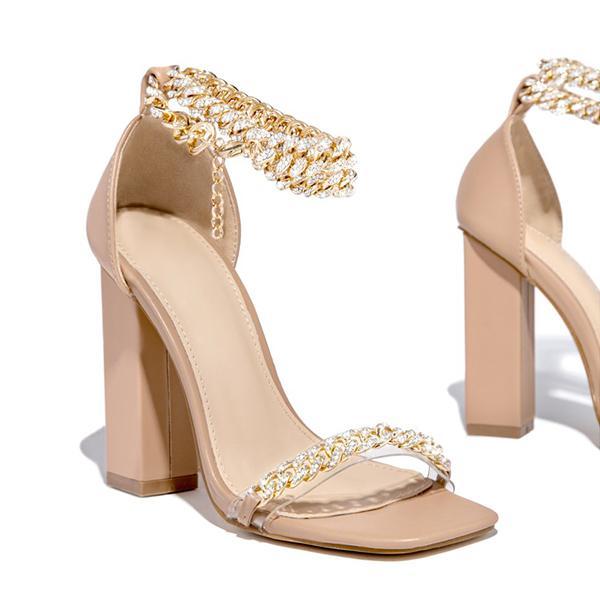 Myquees Gold-Tone Chain Embellished Ankle Strap Chunky Heels