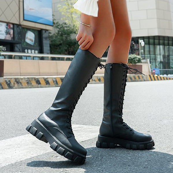 Myquees Lace Up Platform Heel Knee High Boots Lug Sole Combat Boots