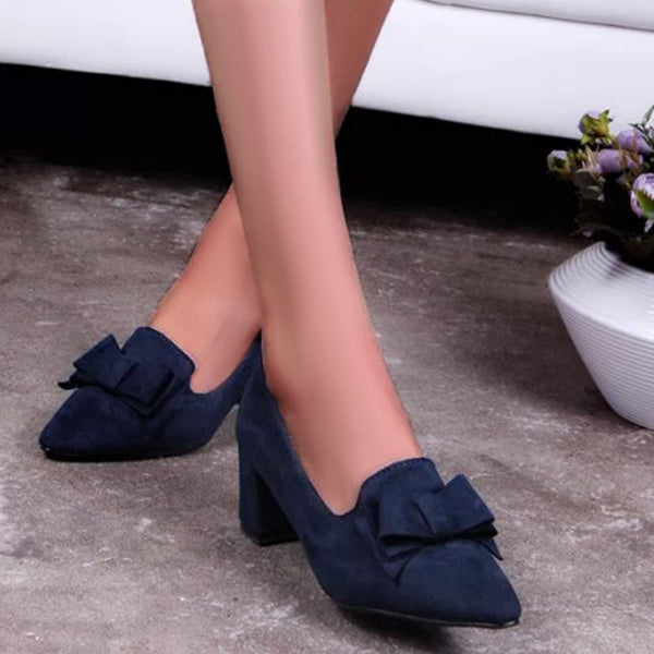 Myquees Suede Block Heel Pumps Bowknot Round Toe Slip on Dress Shoes