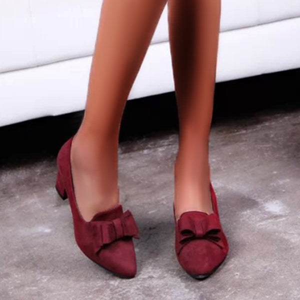 Myquees Suede Block Heel Pumps Bowknot Round Toe Slip on Dress Shoes