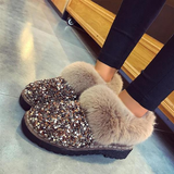 Myquees Faux Fur Sequin Flat Ankle Boots Side Zipper Short Booties
