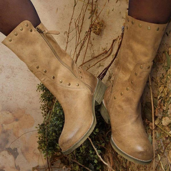 Myquees Women's Retro Rivet Cowboy Low Heel Boots
