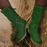 Myquees Women's Retro Rivet Cowboy Low Heel Boots