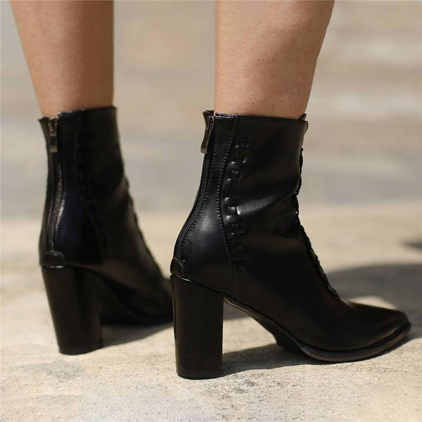 Myquees Women Elegant Pointed Toe Zipper Mid Heel Boots