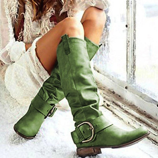 Myquees Flat Heel Faux Leather Boots