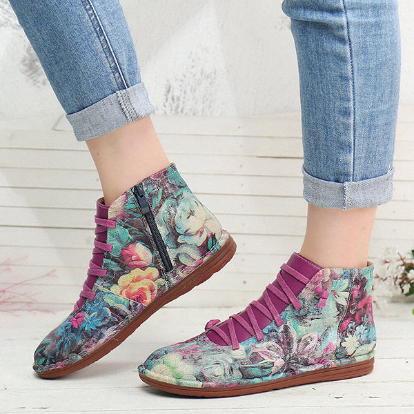 Myquees Retro Printing Pattern Lace Up Zipper Comfy Flat Boots