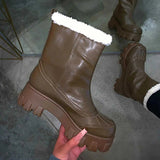 Myquees Women Slip On Chunky Heel Warn Fur Boots