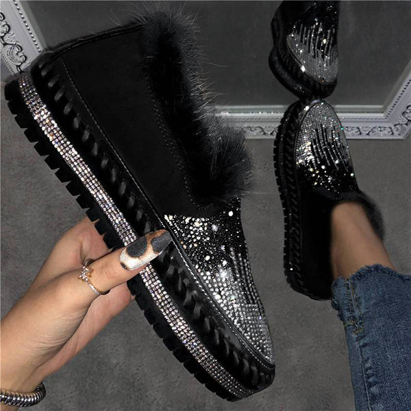 Myquees Women Fashion Bling Rhinestone Decoration Flat Casual Boots