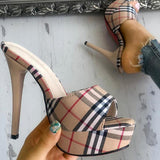 Myquees Women's Peep Toe Plaid Slip-on Stilettos Thin Heels