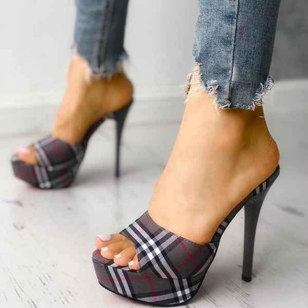 Myquees Women's Peep Toe Plaid Slip-on Stilettos Thin Heels