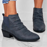 Myquees Round Toe Ruched Booties Stacked Block Heel Ankle Boots