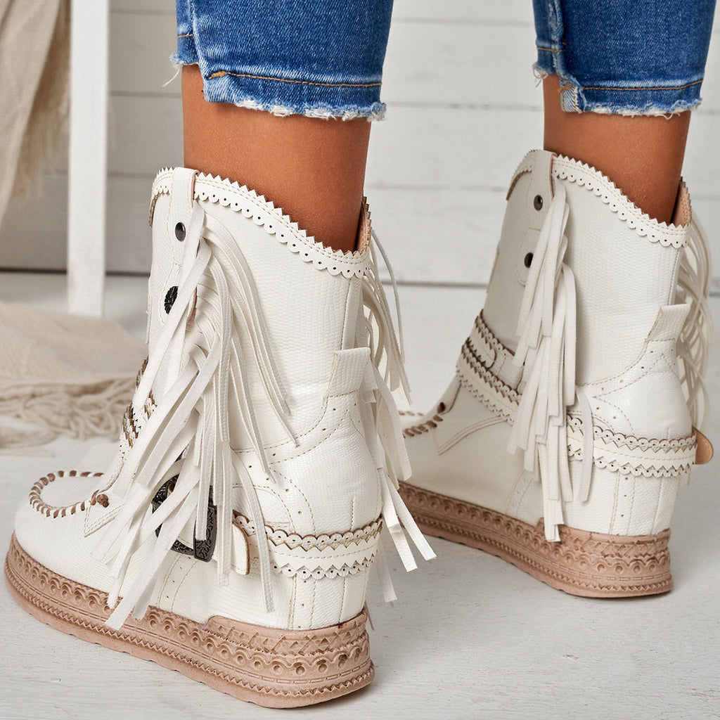 Myquees Tassel Cowboy Ankle Boots Stone Washed Wedge Heel Booties