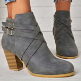 Myquees Crisscross Buckle Chunky Heel Ankle Boots Side Zipper Booties