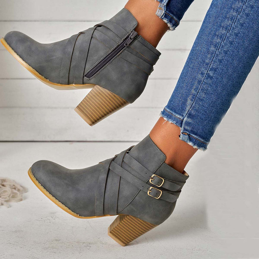 Myquees Crisscross Buckle Chunky Heel Ankle Boots Side Zipper Booties