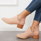 Myquees Cutout Slip on Ankle Boots Ruffle Chunky Heel Short Booties
