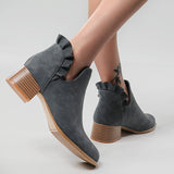 Myquees Cutout Slip on Ankle Boots Ruffle Chunky Heel Short Booties