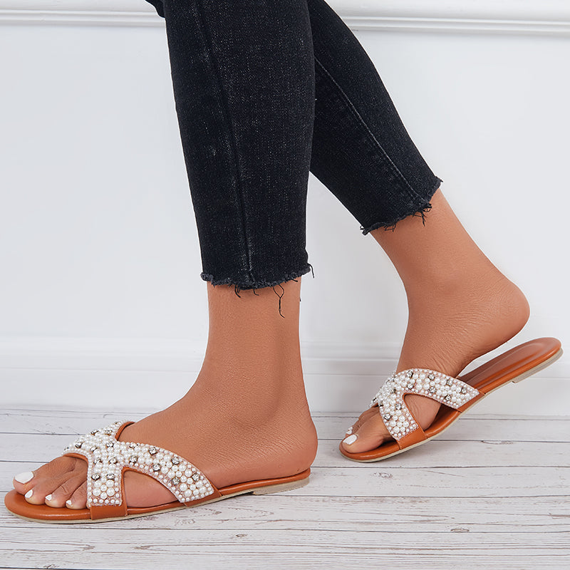 Myquees Crisscross Pearl Slides Open Toe Slip on Sandals