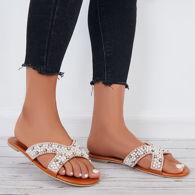 Myquees Crisscross Pearl Slides Open Toe Slip on Sandals