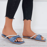 Myquees Bow Pearls Decor Flat Slippers Square Toe Slide Sandals