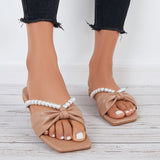 Myquees Bow Pearls Decor Flat Slippers Square Toe Slide Sandals