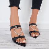 Myquees Black Kitten Heel Mule Sandals Rhinestone Pointy Toe Dress Sandals