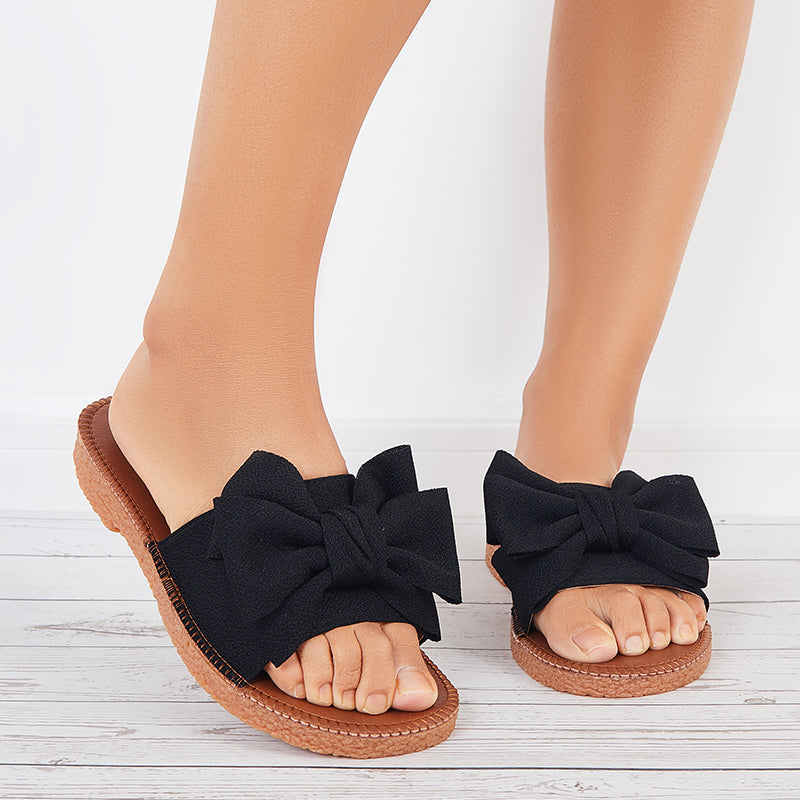 Myquees Bow Flat Slide Sandals Open Toe Slip on Beach Slippers