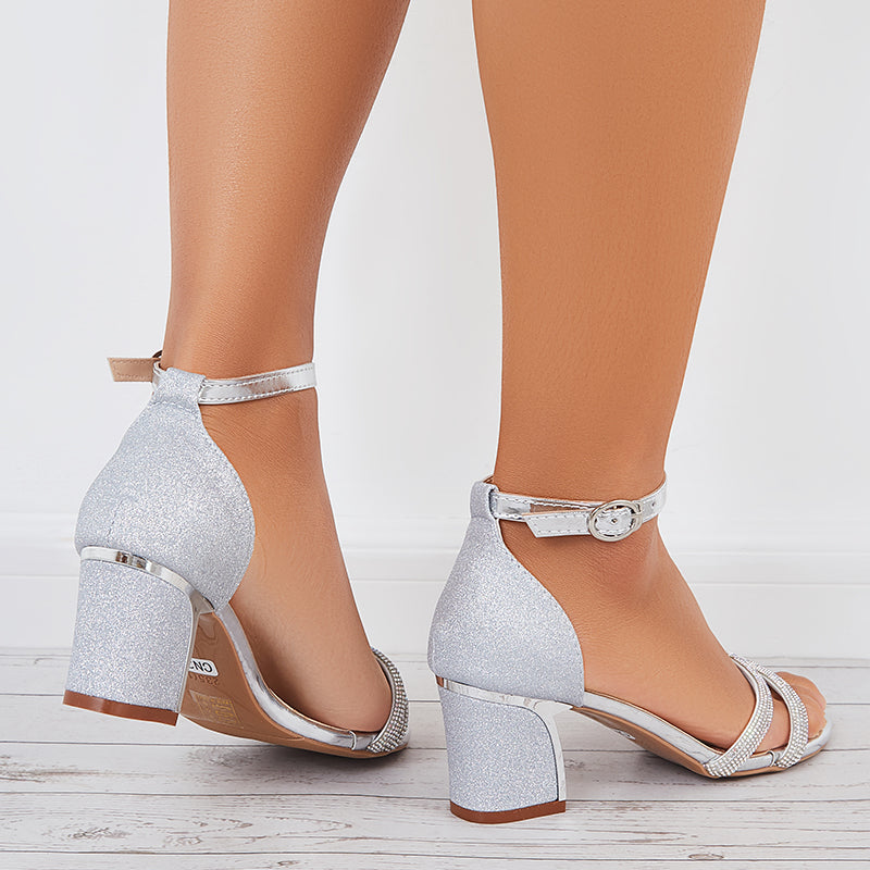Myquees Shiny Chunky Block Heel Sandals Open Toe Ankle Strap Bridal Heels Shoes