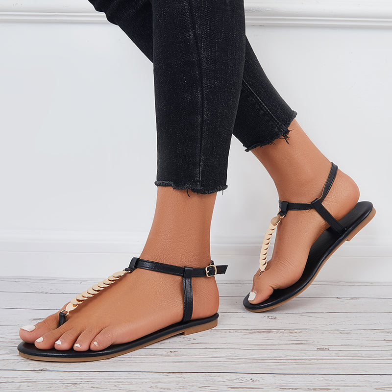 Myquees Women Ankle Strap Flat Sandals Metal T-Strap Flip Flops Sandals