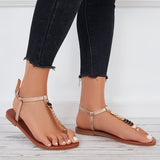 Myquees Women Ankle Strap Flat Sandals Metal T-Strap Flip Flops Sandals