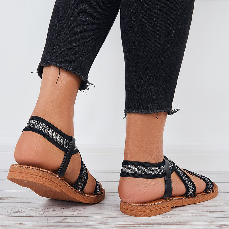 Myquees Wide Elastic Flat Sandals Ankle Strap Criss Cross Beach Sandals