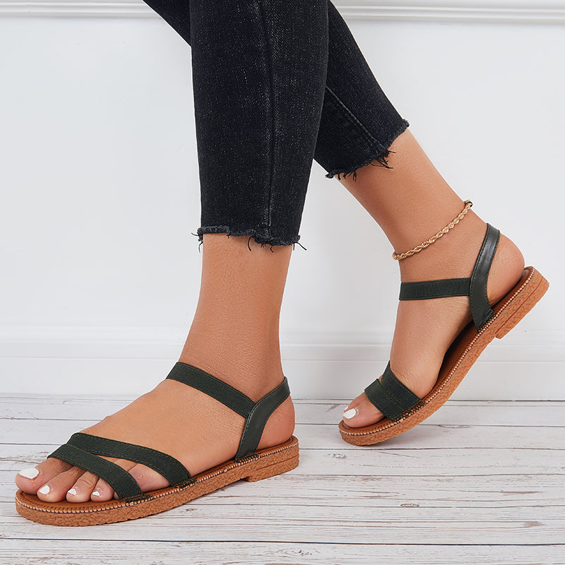 Myquees Women Wide Elastic Cross Strap Flat Sandals Open Toe Dressy Sandals
